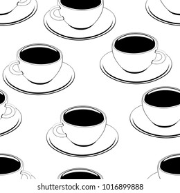 Cup of coffee outline seamless pattern, vector background, coloring, sketch, contour drawing. Drawn cups of black coffee on a white backdrop. For wallpaper design, fabrics, wrappers, decorating
