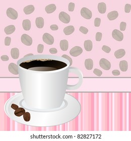 Cup of coffee over pink striped background