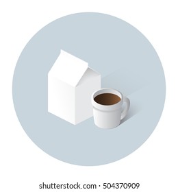 Cup of coffee and pack of milk illustration. isometric flat vector icon.