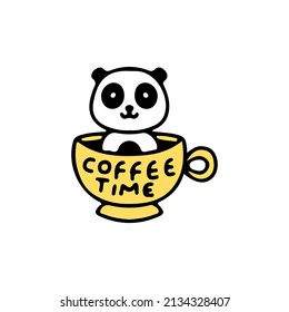 Cup of coffee with panda inside, illustration for t-shirt, street wear, sticker, or apparel merchandise. With doodle, retro, and cartoon style.