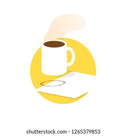 Cup of coffee, paper, pencil, creativity process. Vector icon for blogging, copywriting
