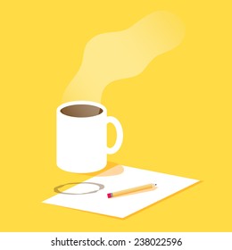 Cup of coffee, paper, pencil, creativity process. Vector illustration for blogging, copywriting, flat style 