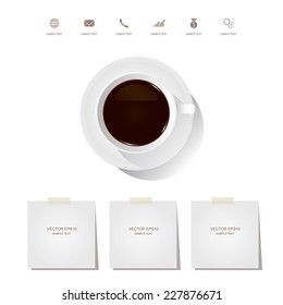 Cup of coffee and paper stick on white background. Vector idea for template design.