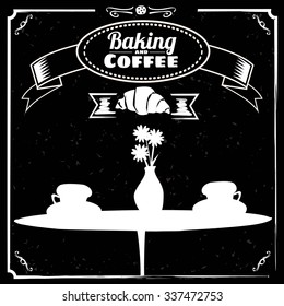 Cup of coffee, pastries, croissant, coffee, drawn in chalk on a blackboard, vintage, vector, banner, illustration