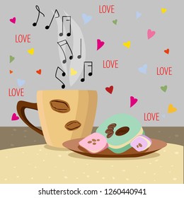 cup of coffee with pastries on the background of hearts and notes
