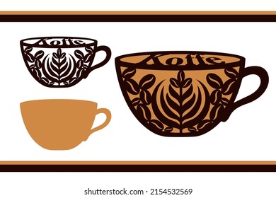 A cup of coffee with a pattern of coffee beans, a flower and the inscription Coffee. Stencil for cutting and creativity