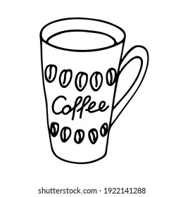 A cup of coffee with a pattern of coffee beans on a mug and lettering. Design for menus, cafes, greeting cards, posters, banners, printable invitations. Vector.