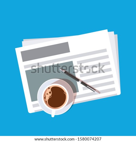 A Cup of coffee and a pen on the newspaper. News concept. Breakfast icon. Flat style vector