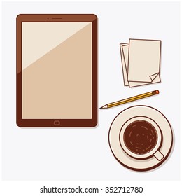 a cup of Coffee, pencil, notes and tablet pc 