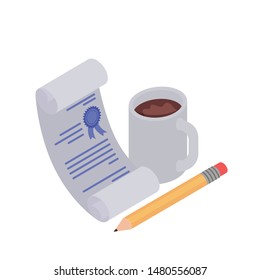cup of coffee with pencil and sheet of paper on white background