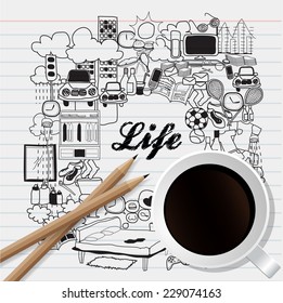 Cup of coffee and pencils with life all day stories 