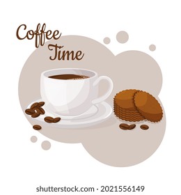 Cup of coffee and pepparkakor. Coffee time concept. Isolated hand drawn vector illustration of cute breakfast food. 