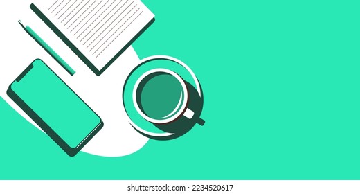 A cup of coffee, a phone and other things on a mint green surface in a monochrome style. Nearby place for text or copy space.