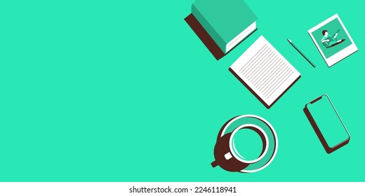 A cup of coffee, a phone and other things on a mint green surface in a monochrome style. Nearby place for text or copy space.