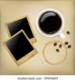 Cup Of Coffee With Photos, Grain  And Stain, On Grunge Background, Vector Illustration