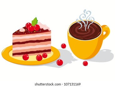 Cup of coffee and a piece of a cake with berries on a plate