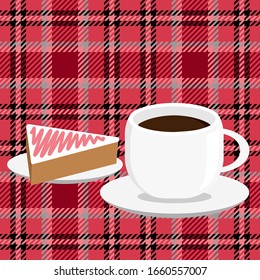 A cup of coffee with a piece of cake on the red checkered tablecloth