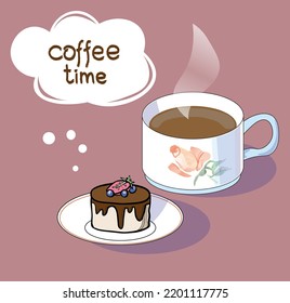 cup of coffee and a piece of cake. vector illustration