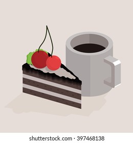 Cup of coffee and a piece of cake. Vector isometric illustration