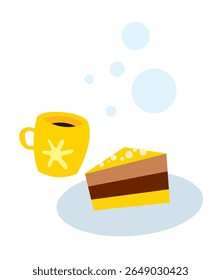 A cup of coffee and a piece of chocolate cake. Vector image for prints, poster and illustrations.