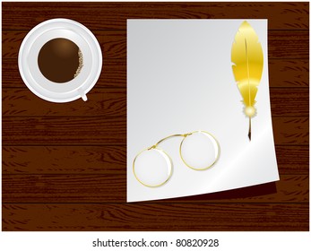 A cup of coffee with a piece of paper, glasses and gold pen located on a wooden background