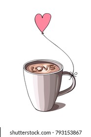Cup of a coffee with a pink balloon heart. Vector illustration.