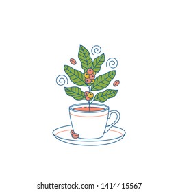Cup with coffee plant inside. Flat graphic. Cafe design template. Vector illustration