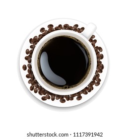 Cup With Coffee And Plate And Coffee Grain With Gradient Mesh, Vector Illustration