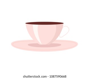 Cup of coffee with plate, mug full of drink and hot beverage to become energized and active vector illustration isolated on white background