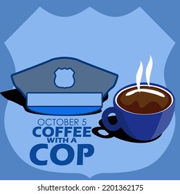 A Cup Of Coffee With A Police Hat And Bold Text On Blue Background, Coffee With A Cop Day On October 5