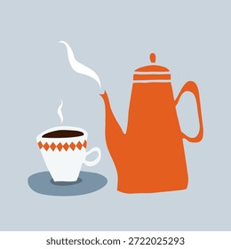 Eine Tasse Kaffee und eine Kaffeekanne, Collage-Stil Illustration.