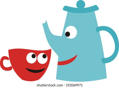 Cup and coffee pot cute cartoon vector illustration