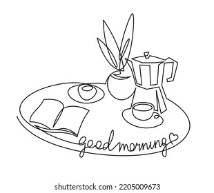 Cup of coffee with a coffee pot, house plant. Breakfast with a book on an oval table continuous one line drawing. The concept of good morning