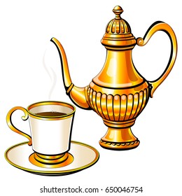 Cup and a coffee pot, a teapot.