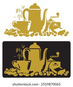 Cup and a coffee pot, a teapot. Gold-colored coffee set