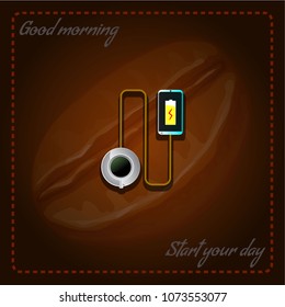 cup of coffee and power boost on the background.