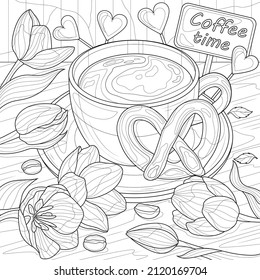 Cup of coffee, pretzel and tulips.Coloring book antistress for children and adults. Illustration isolated on white background. Zen-tangle style. Hand draw