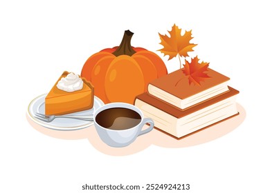 Tasse Kaffee, Kürbiskuchen, Bücher und Herbstblätter, Vektorgrafik. Herbstdekoration mit Kaffee, Kuchen, Büchern und Kürbissymbol einzeln auf weißem Hintergrund. Gemütlicher Herbst Stillleben Vektor