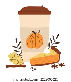 Cup of coffee with pumpkin spices. Hot delicious autumn seasonal drink. Latte with piece of pumpkin pie. Paper cup on  background of leaves. Flat vector illustration isolated on white background.