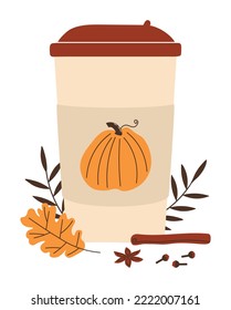 Cup of coffee with pumpkin spices. Hot delicious autumn seasonal drink. Latte in paper cup. Flat vector illustration isolated on white background.