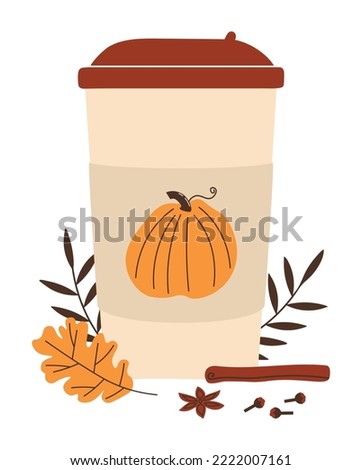 Cup of coffee with pumpkin spices. Hot delicious autumn seasonal drink. Latte in paper cup. Flat vector illustration isolated on white background.