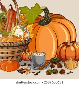 Cup of coffee and pumpkins.Vector thanksgiving illustration with cup of coffee, hazelnuts, pumpkins and basket on color background.