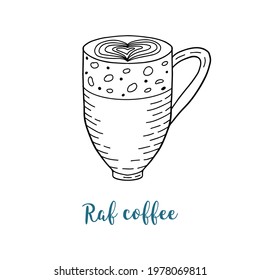 Cup of coffee raf. Outline hand drawn logo. Stock vector illustration.
