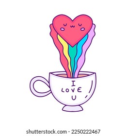 Copa de café con dibujos animados de amor en arco iris, ilustración de camisetas, pegatinas o prendas de vestir. Con estilo pop moderno.