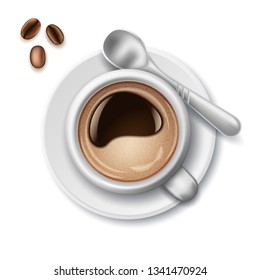 Cup of coffee realistic with coffee beans and spoon on a white background. Flat Lay top view. Vector illustration.