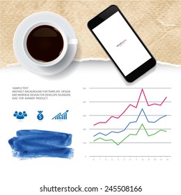 Cup of coffee and realistic mobile smart phone with ripped vintage paper texture and abstract business graph. Vector infographic background for template design.