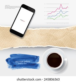 Cup of coffee and realistic mobile smart phone with ripped vintage paper and abstract business graph. Vector infographic background for template design.