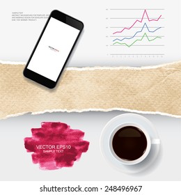 Cup of coffee and realistic mobile smart phone with ripped vintage paper texture and abstract business graph. Vector infographic background for template design.