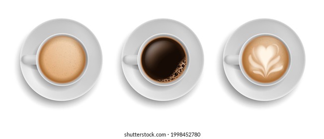 Cup coffee. Realistic mugs on plate top view. White ceramic utensil with morning aroma drink espresso and latte or cappuccino, hot beverages, cafe menus elements vector 3d isolated set