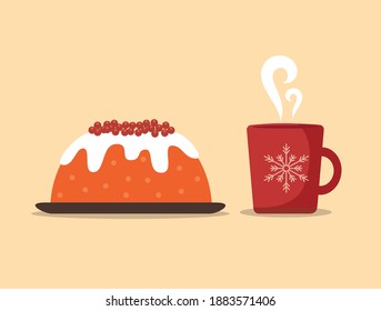 A cup of coffee and red berry cake vector illustration. Cake with fruit, winter or christmas concept. Coffee cup with cake
